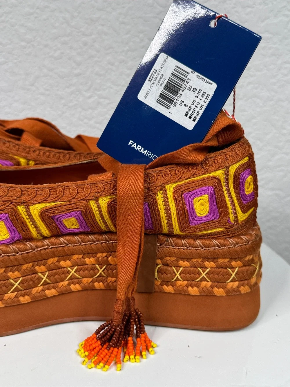 FARM RIO RUST ESPADRILLE FLATFORM EMBROIDERED LACE UP PLATFORM SHOES NWT SIZE 8